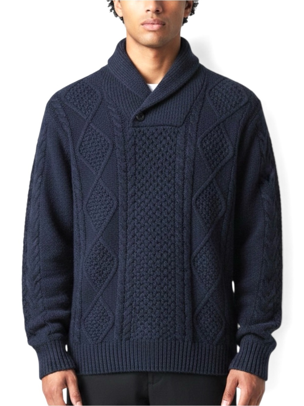 Nordstrom Lambswool Wool Fisherman Sweater Men L Blue Knit Shawl Collar